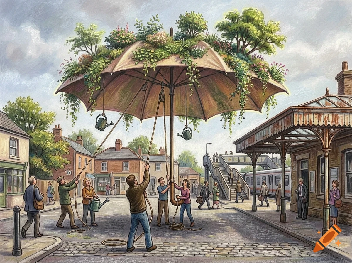An artistic illustration of people gathered in a town square pulling ropes attached to a giant open umbrella overgrown with plants and trees.