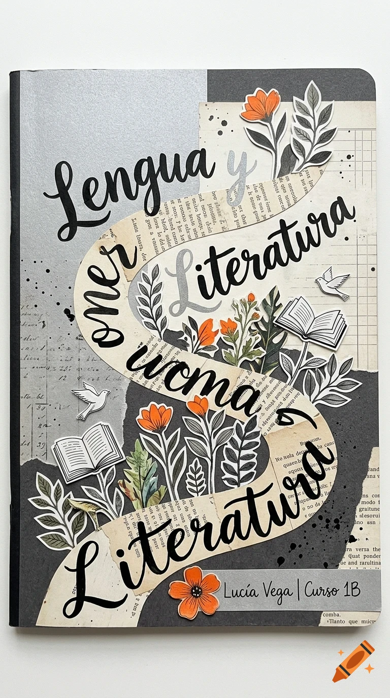 A notebook cover with a collage design featuring lettering, flowers, books, and birds.