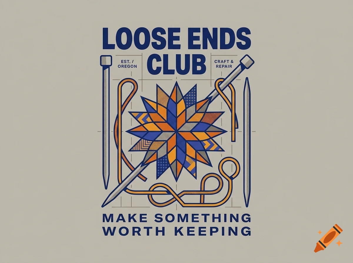 An illustration with the text LOOSE ENDS CLUB and MAKE SOMETHING WORTH KEEPING, featuring knitting needles, yarn, and a geometric star pattern.