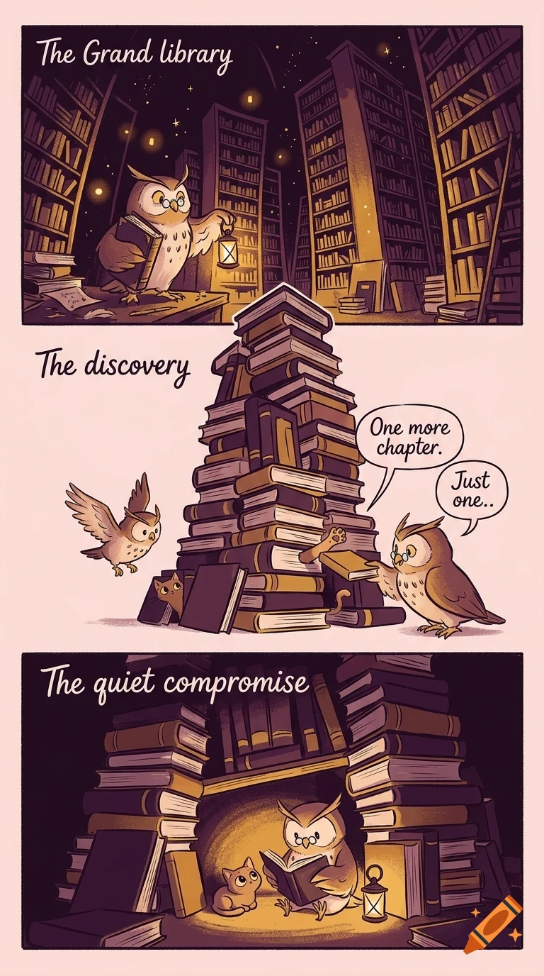A three-panel comic illustration shows an owl and a cat exploring a large library filled with towering bookshelves, a giant stack of books, and finding a cozy reading spot.