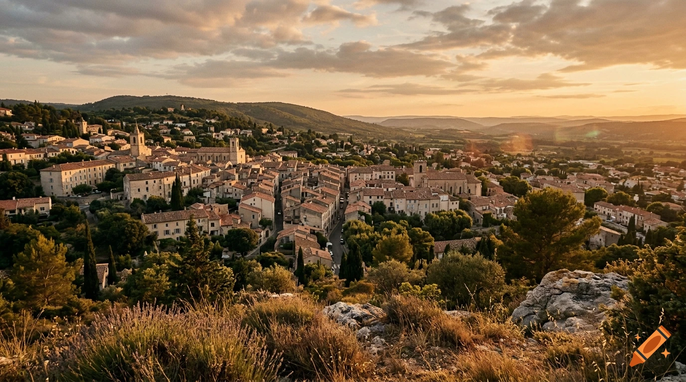 A panoramic photorealistic view of a French village nestled among hills during a warm sunset.