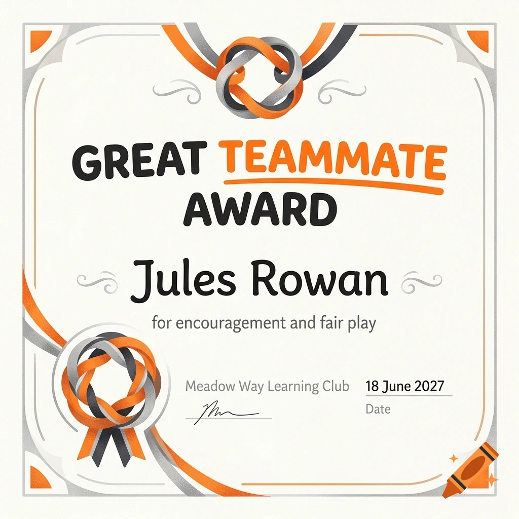 An award certificate reading Great Teammate Award presented to Jules Rowan with orange and gray ribbon decorations.