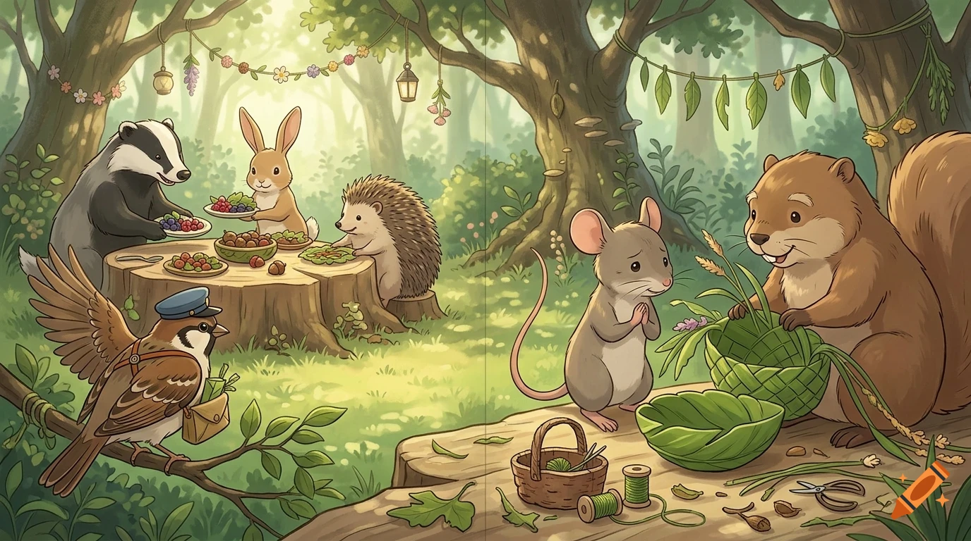An illustrated woodland scene depicting anthropomorphic forest animals gathering food and celebrating around tree stumps.