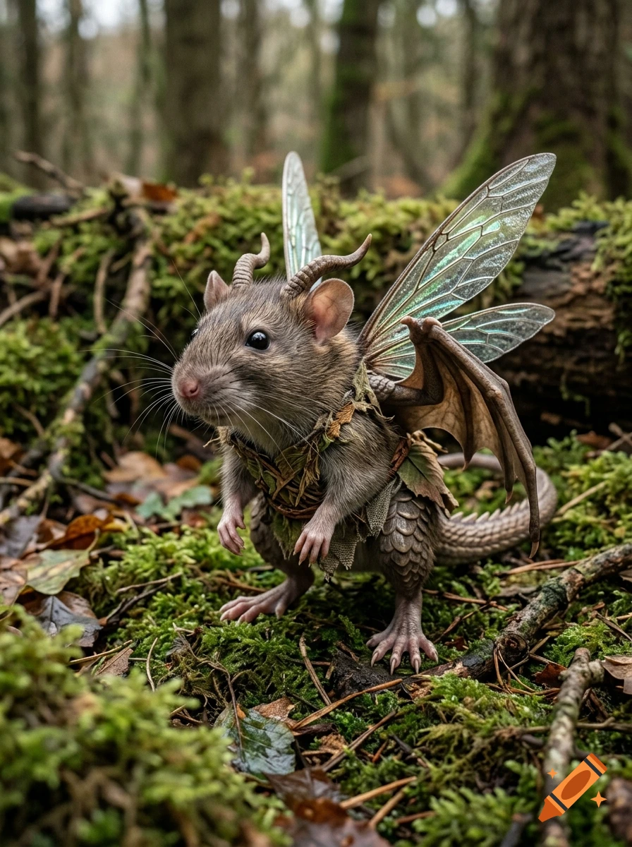 Photorealistic image of a small creature combining features of a rat, dragon, and fairy with horns and insect wings in a forest.