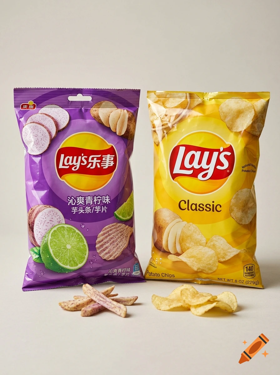 Two bags of Lay's potato chips, one purple taro lime flavor and one yellow classic flavor, standing upright with loose chips in front.