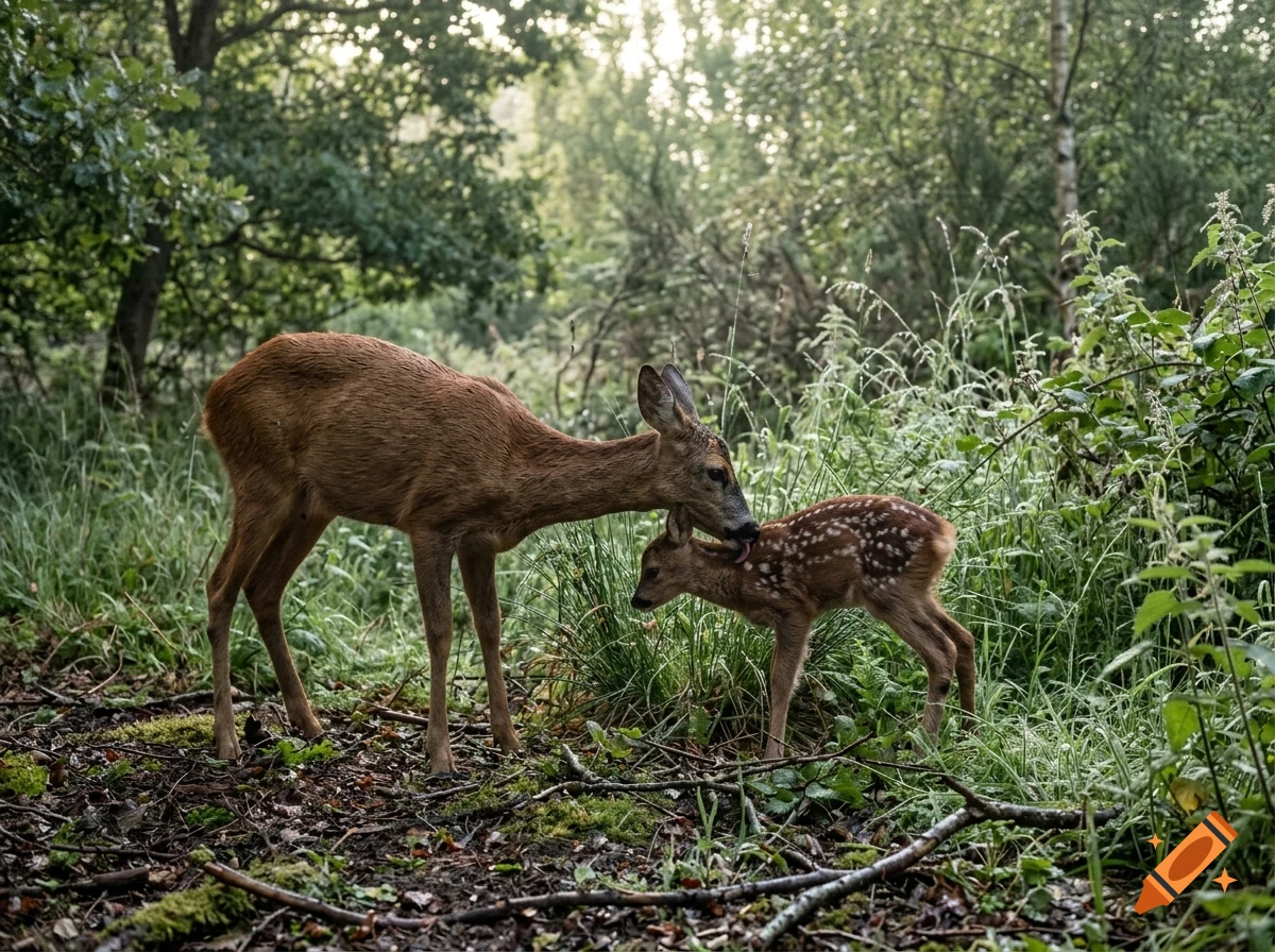 An adult deer and a spotted fawn stand in a lush green forest clearing.
