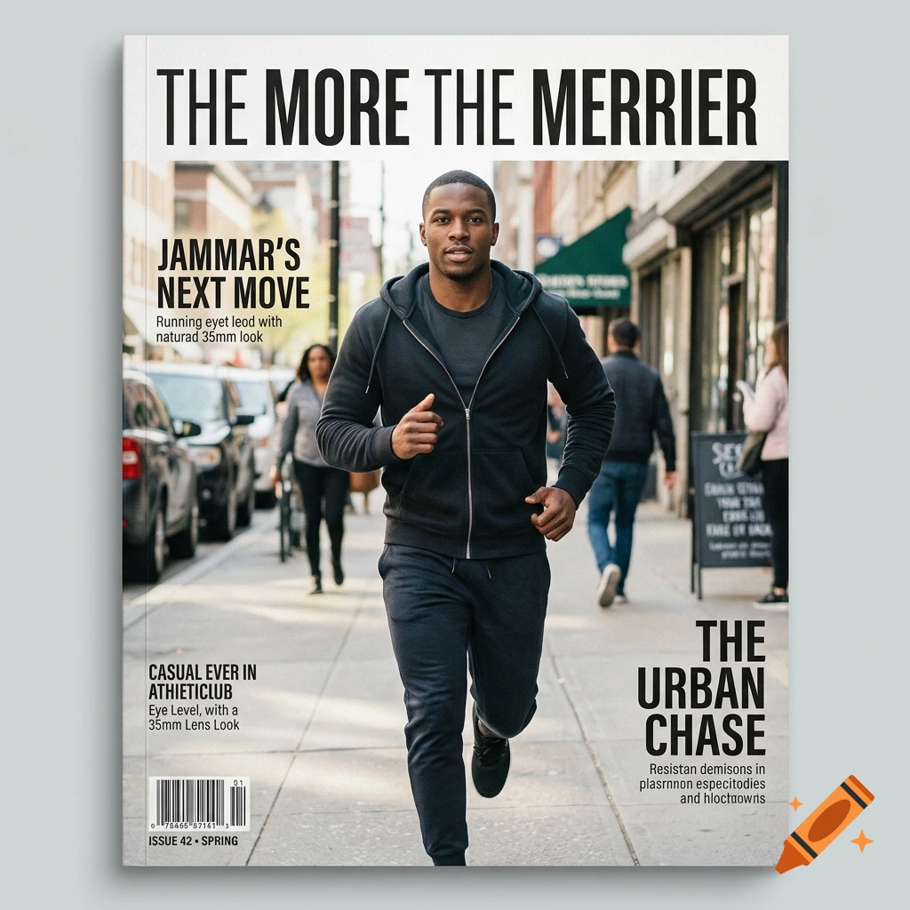 A magazine cover featuring a male athlete running down a city street in athletic wear.