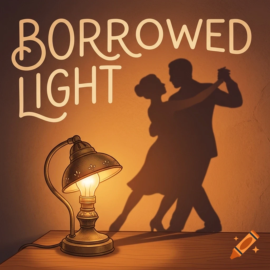 An illuminated desk lamp on a wooden table casts a shadow of a dancing couple on the wall behind it, with the text 'BORROWED LIGHT' displayed above.