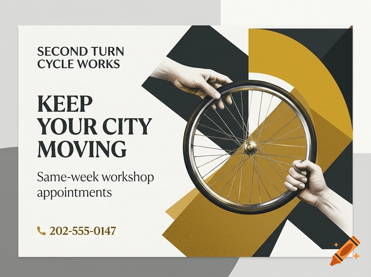 An advertisement design featuring two hands holding a bicycle wheel against a geometric background with text reading SECOND TURN CYCLE WORKS.