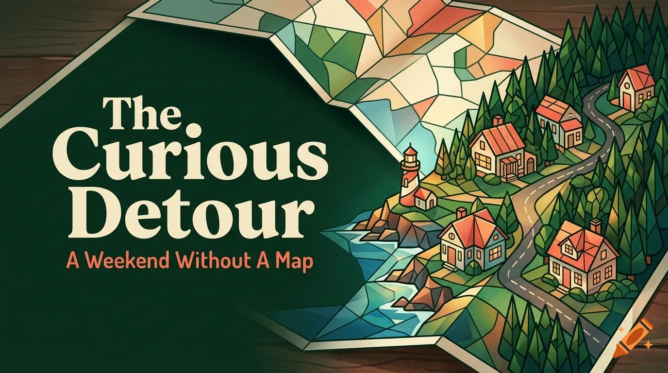 An illustrated map depicting a coastal town with houses, a lighthouse, and trees, accompanied by the text The Curious Detour.