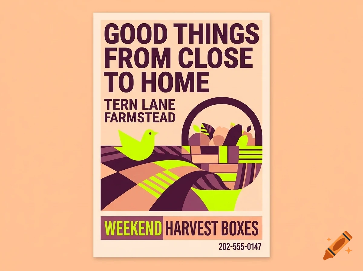 A flat vector poster advertising Tern Lane Farmstead with a stylized bird, basket of produce, fields, and text reading Good Things From Close To Home.