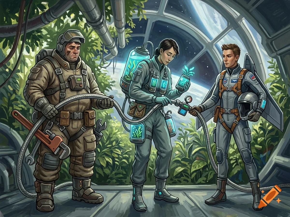 Three astronauts in a futuristic greenhouse space station handling hoses and glowing plant samples.