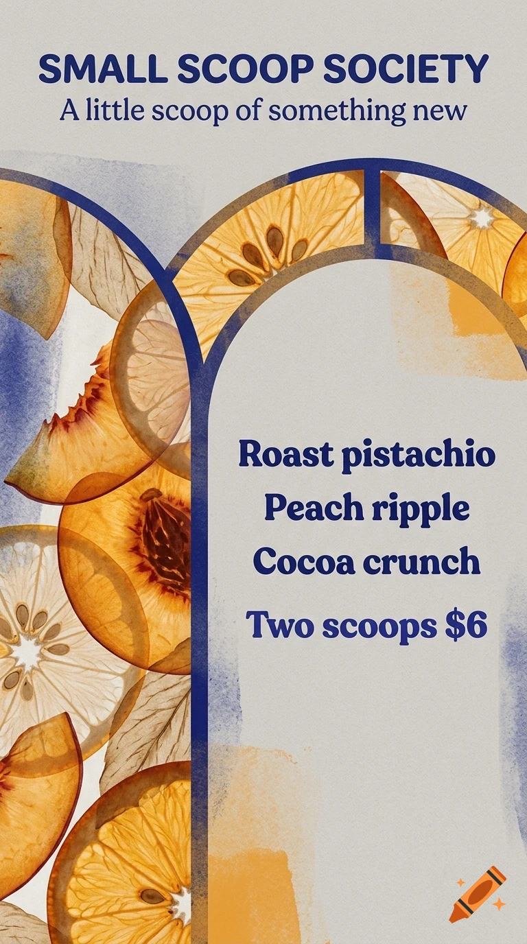 An ice cream menu poster titled Small Scoop Society featuring sliced citrus fruits and text listing flavors like Roast pistachio, Peach ripple, and Cocoa crunch.