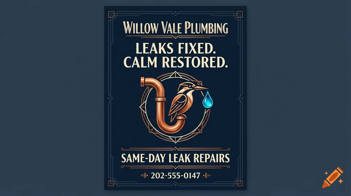 A poster for Willow Vale Plumbing featuring a copper-colored bird perched on a plumbing pipe with a water droplet, surrounded by text and decorative borders.