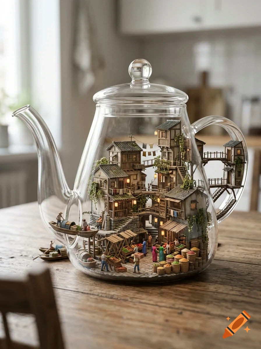 A miniature Asian-style village with houses, shops, and tiny people is built inside a clear glass teapot sitting on a wooden table.