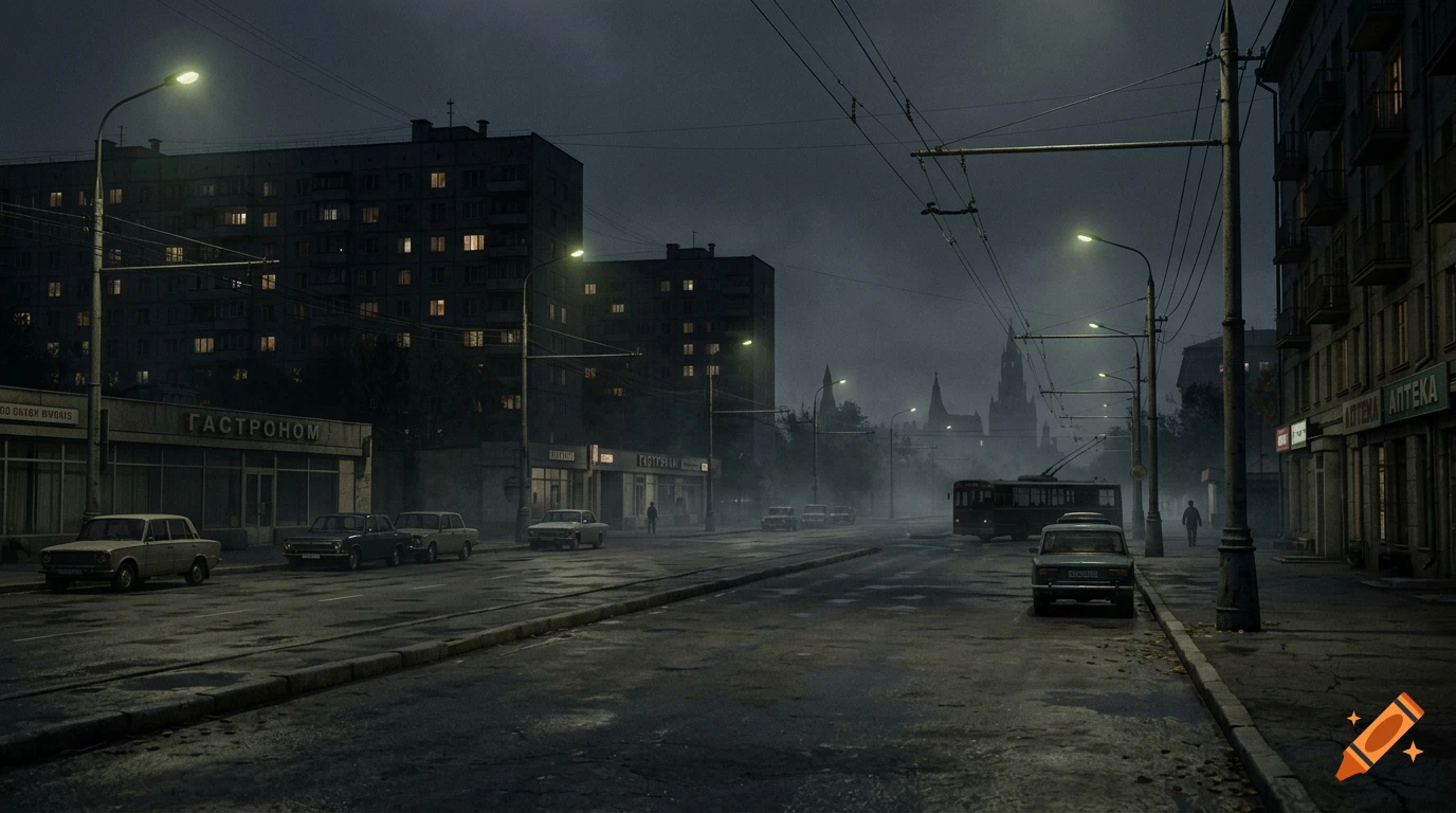 Photorealistic night scene of a quiet, misty Soviet city street with parked cars and glowing apartment windows.