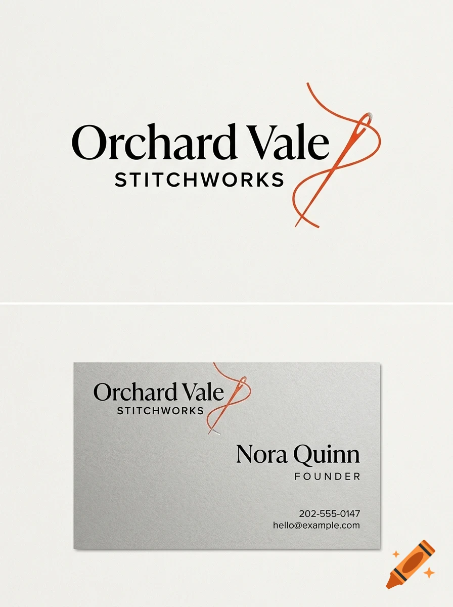 A branding design featuring the text Orchard Vale Stitchworks with an orange needle and thread icon, shown on a white background and on a business card with contact details.