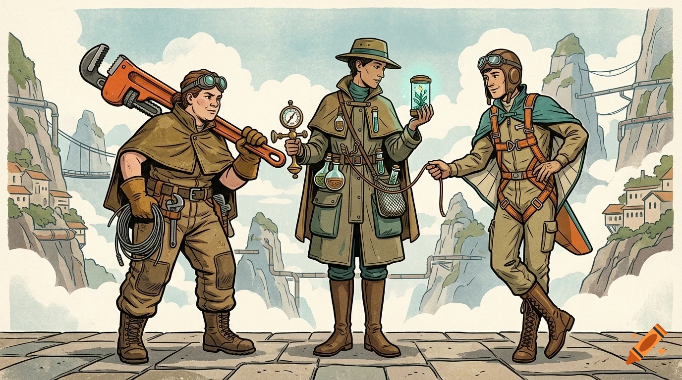 An illustration of three adventurers in a mountainous landscape with a mechanic carrying a large wrench, an explorer holding a glowing plant specimen, and an aviator with a glider suit.