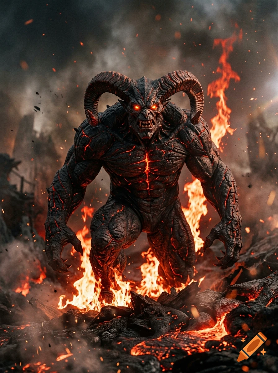A massive horned demon with glowing red eyes and body fissures filled with molten lava stands amidst hellfire and destruction, photorealistic style.