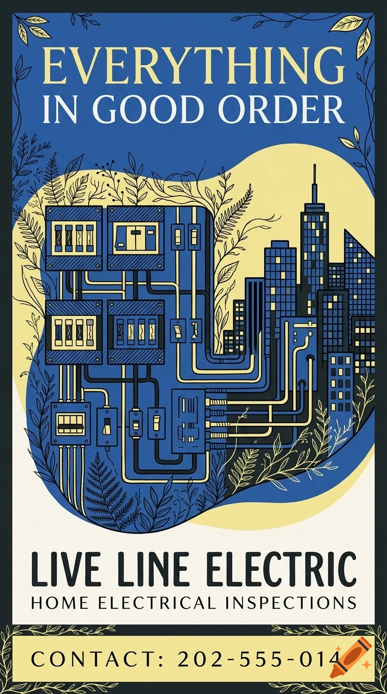 An illustrated poster for Live Line Electric featuring an electrical circuit board and city skyline in blue and yellow tones.