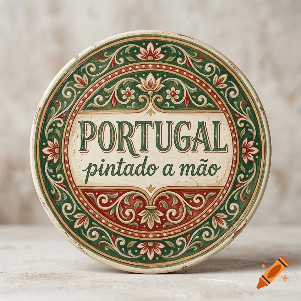 A round ceramic tile with green and red floral patterns, displaying the text 'PORTUGAL' and 'pintado a mão'.