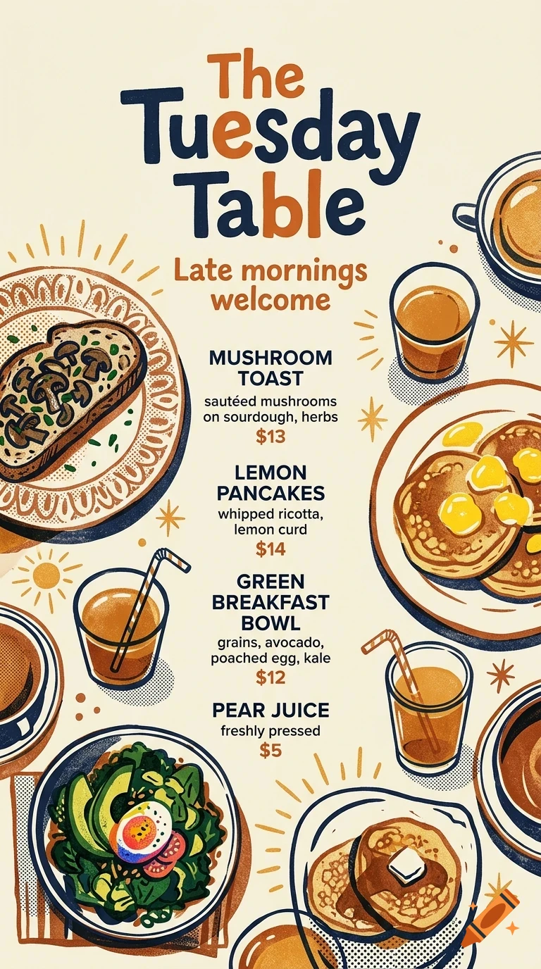 An illustrated menu titled The Tuesday Table featuring dishes like mushroom toast, pancakes, and drinks in a cartoon style.