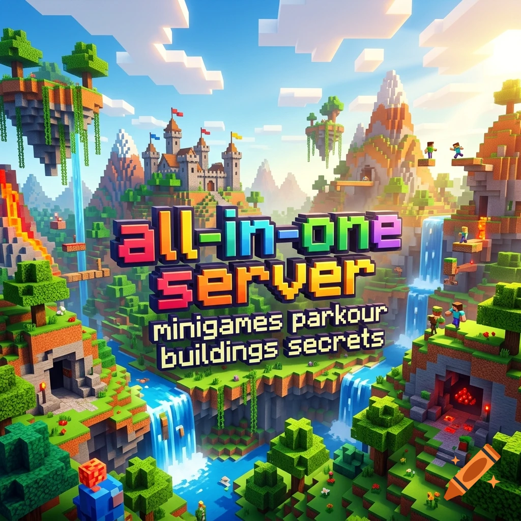 Minecraft-style fantasy landscape with a castle on a hill, waterfalls, floating islands, and colorful text reading all-in-one server.