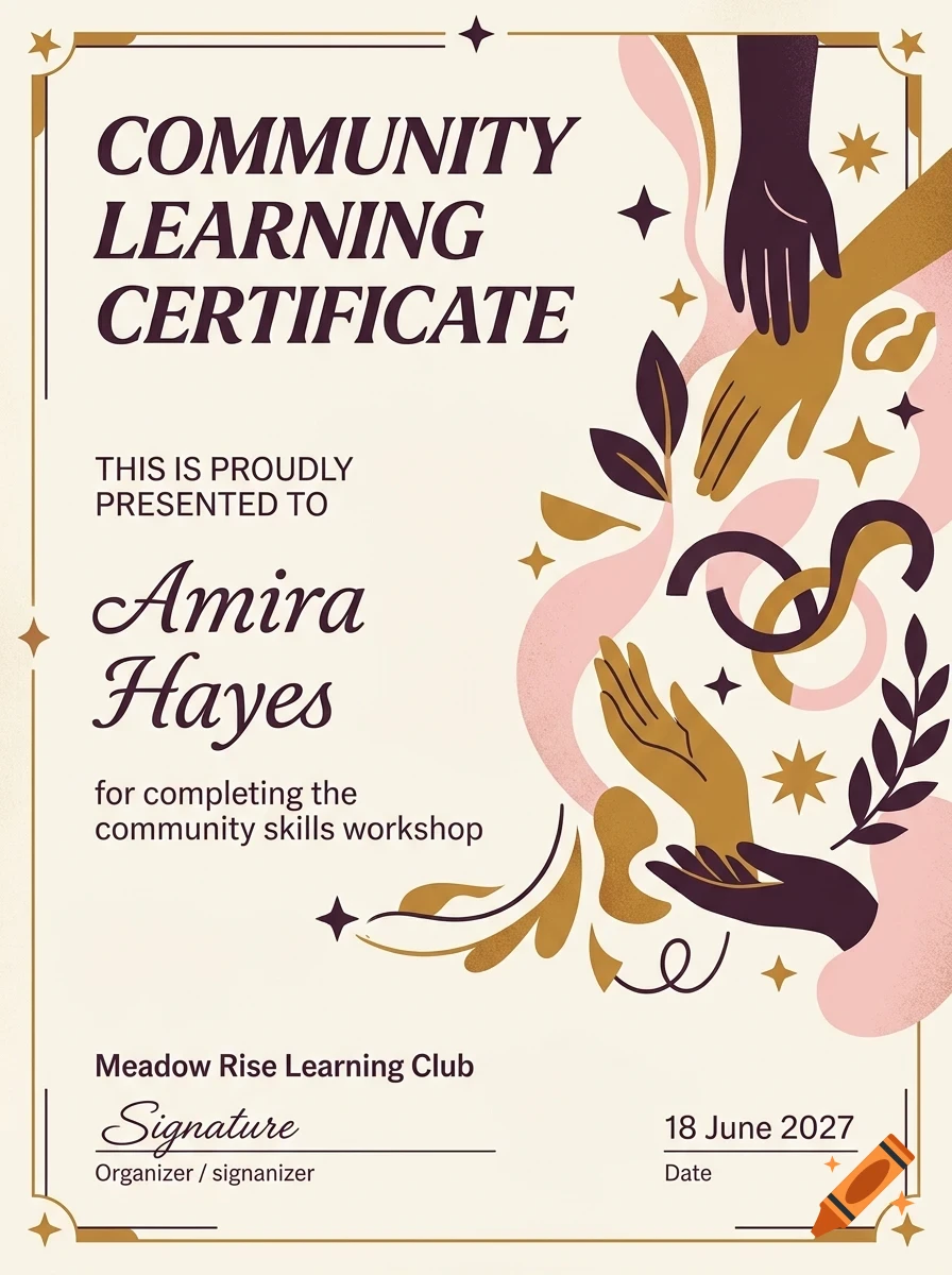 A Community Learning Certificate with stylized illustrations of hands and abstract organic shapes.