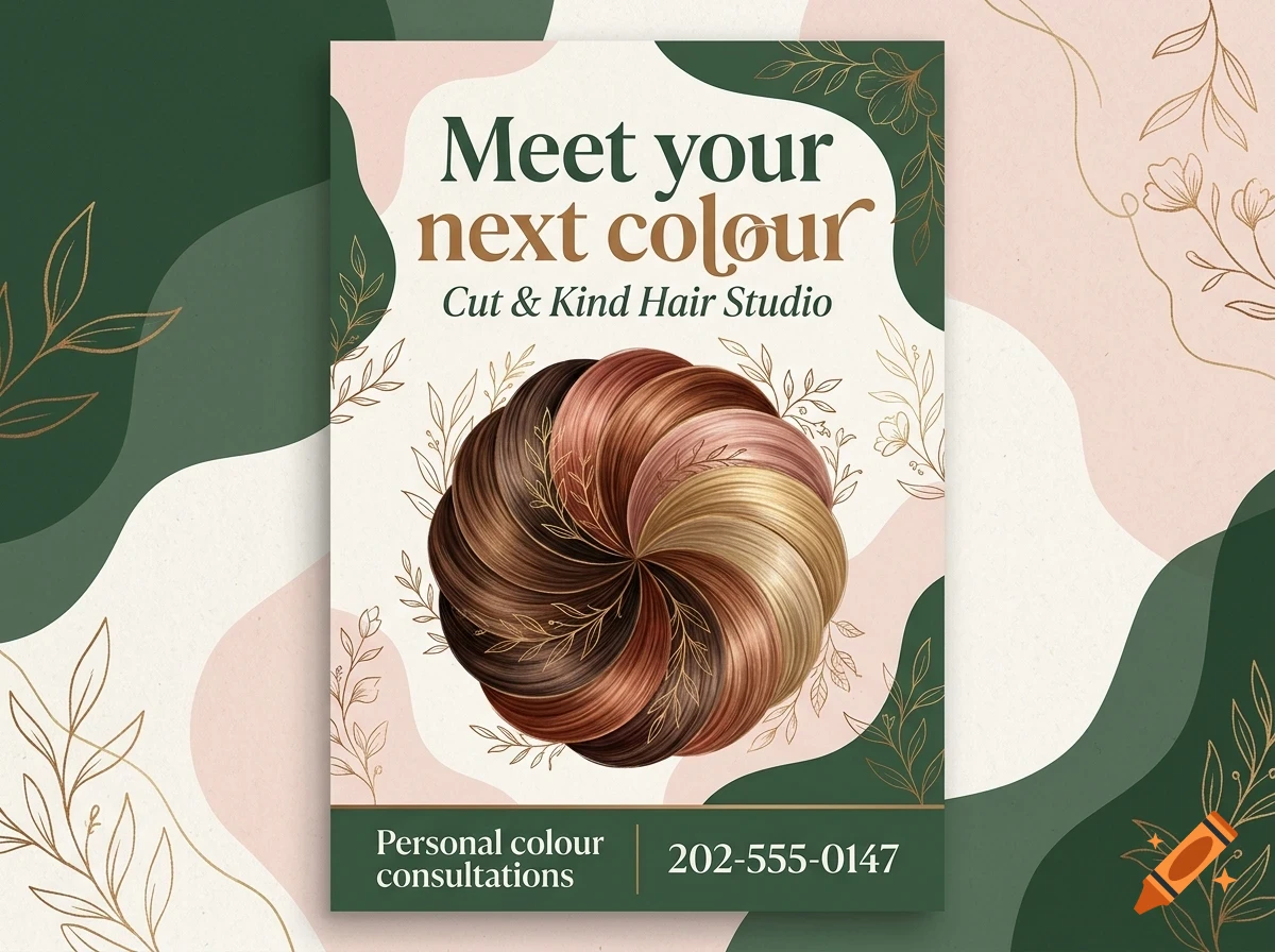 A flyer for Cut & Kind Hair Studio with swirling hair color swatches and botanical illustrations.