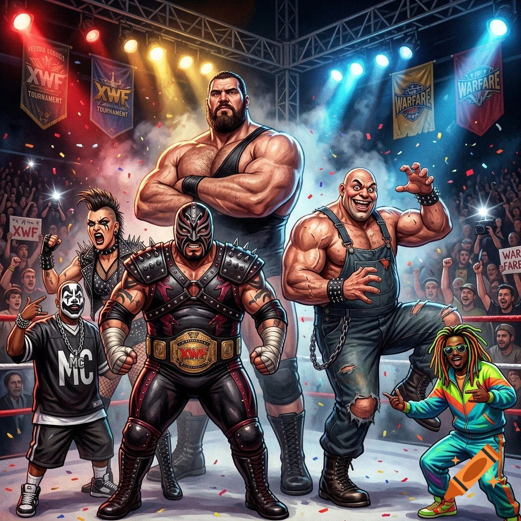 An illustrated group of professional wrestlers in a ring surrounded by cheering fans under bright stadium lights.