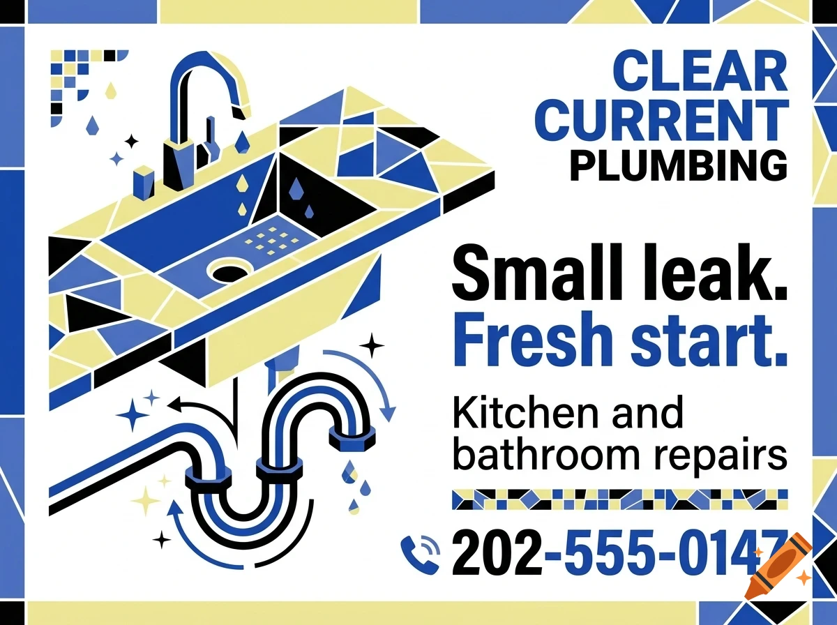 Plumbing service advertisement graphic featuring a stylized sink with leaking water, pipes, and text including Clear Current Plumbing and a phone number.