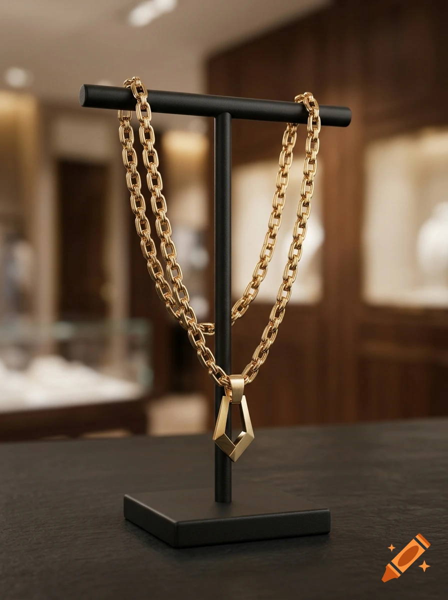 Photorealistic image of a modern gold necklace with a geometric pendant displayed on a black stand.