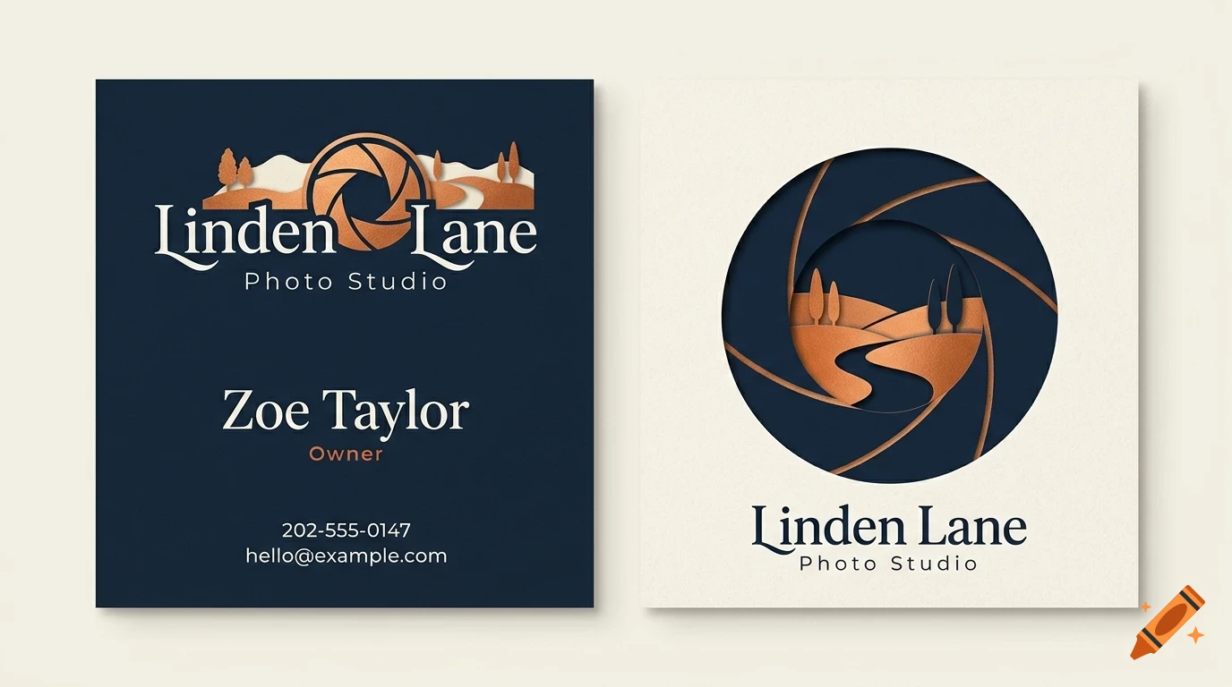 Two square business cards for Linden Lane Photo Studio featuring a camera aperture and landscape design.