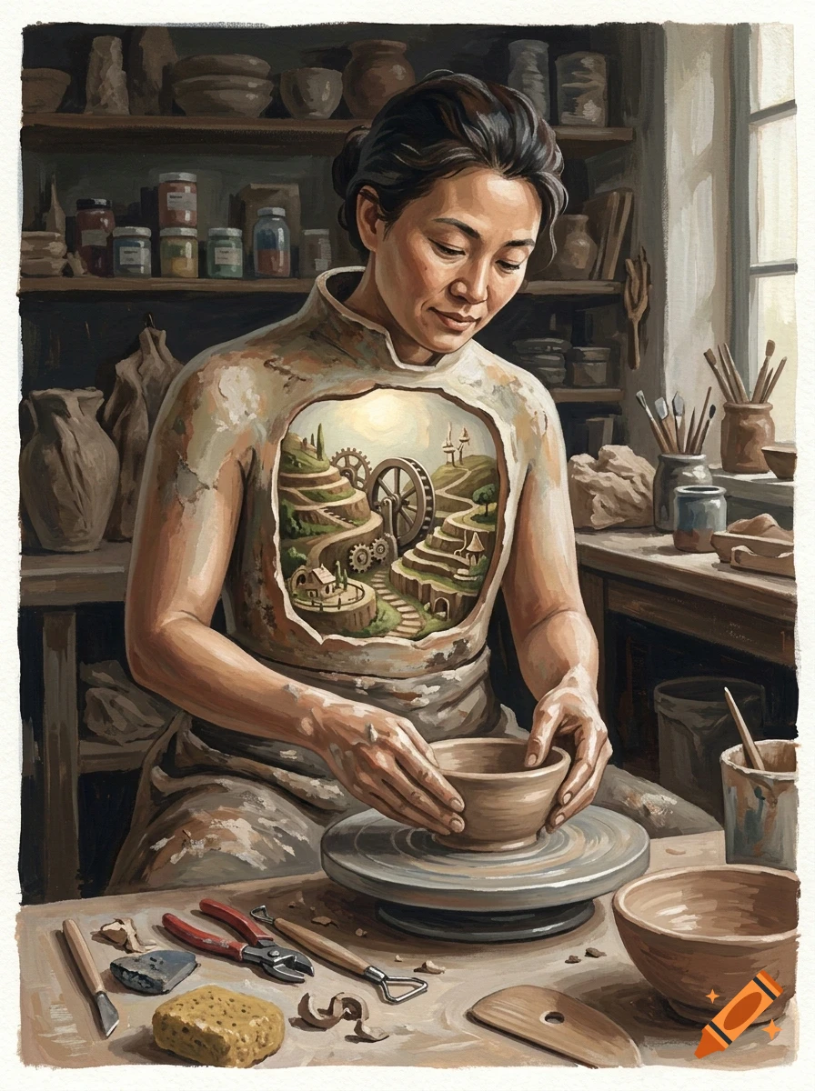 An artist shaping a clay pot on a pottery wheel in a studio, with a miniature landscape containing gears and buildings visible inside her chest.