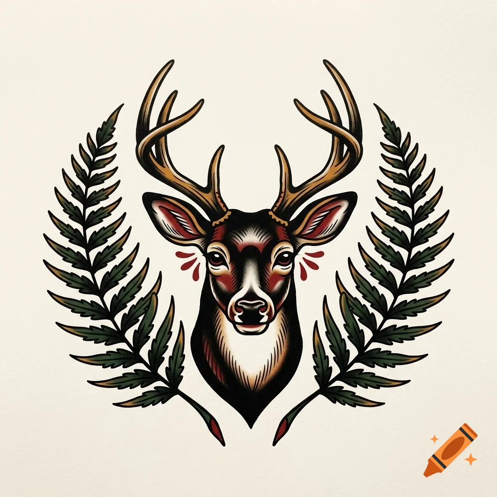 An illustrated deer head with antlers, flanked by two fern fronds in a traditional tattoo style.
