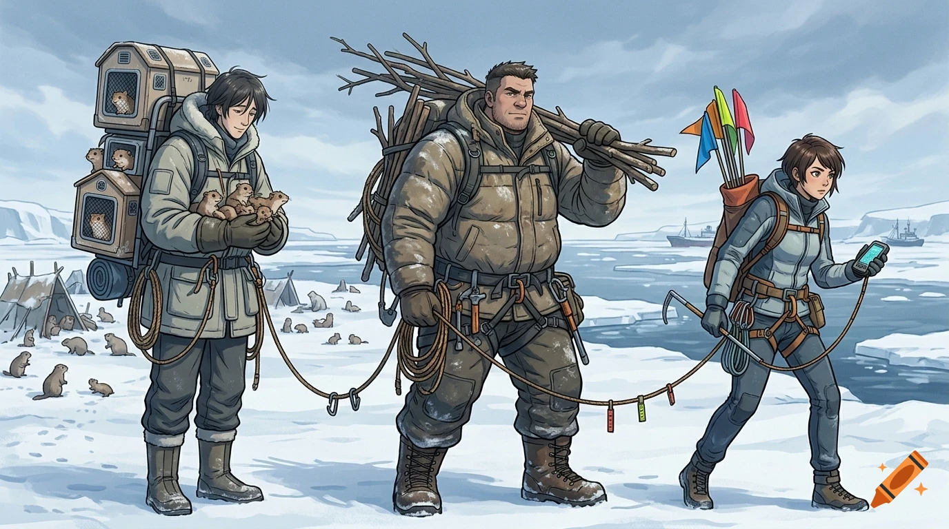 An illustrated group of three people in winter gear trekking across a snowy landscape, carrying supplies, ropes, and small animals.