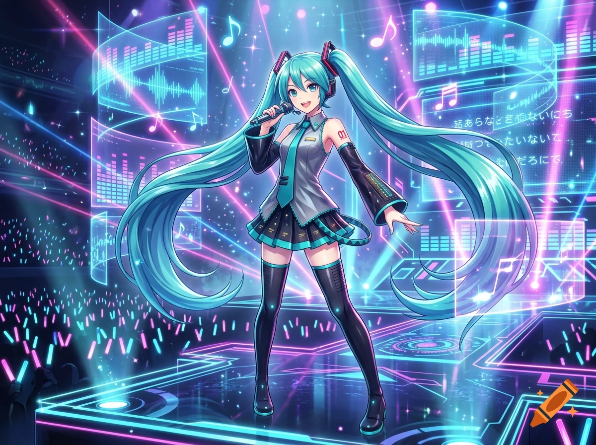 Anime style illustration of Hatsune Miku singing on a stage with neon lights and holographic screens in the background.
