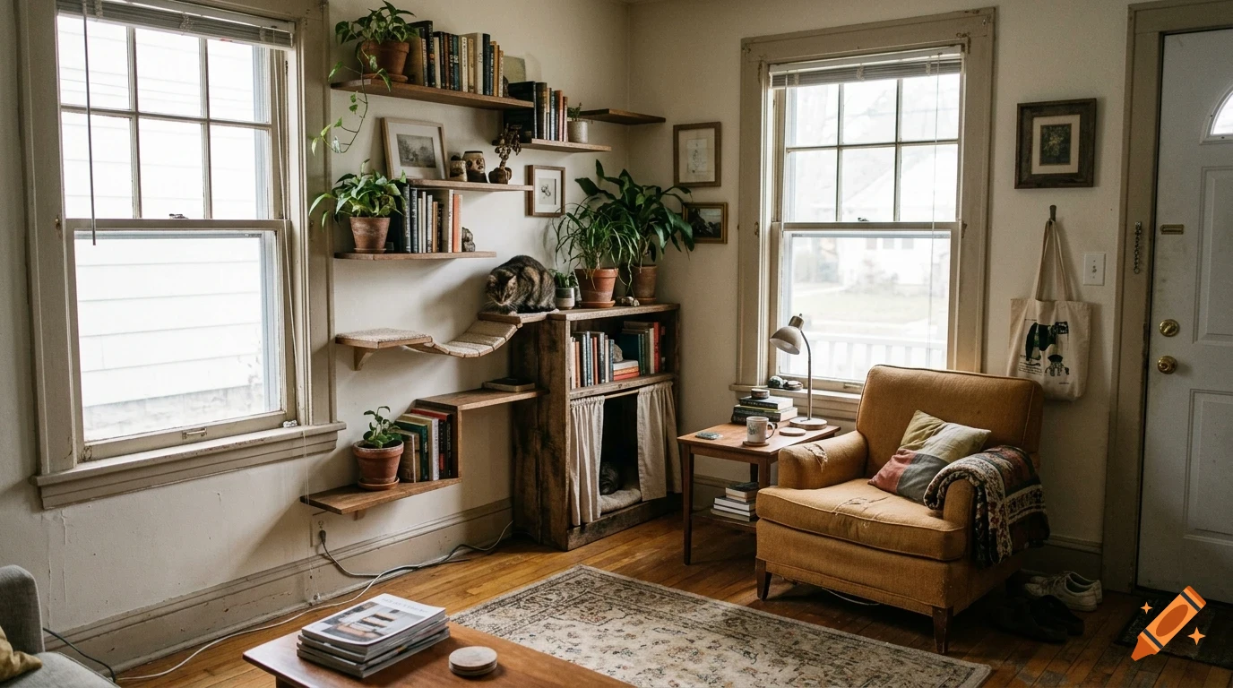 A cozy living room interior with a cat sitting on shelves, books, plants, a yellow armchair, and a side table near windows.