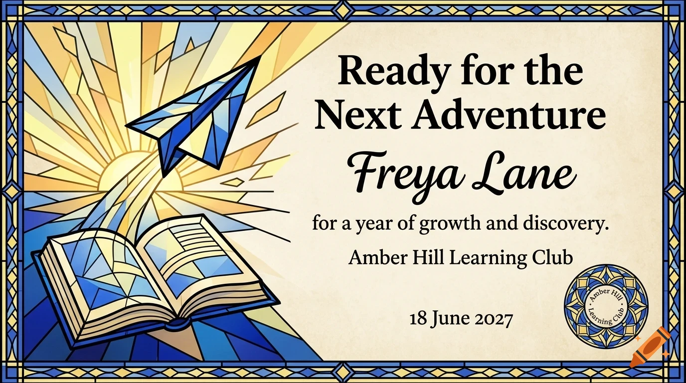 An illustration with stained glass border featuring an open book, a paper airplane flying upward, and text reading Ready for the Next Adventure Freya Lane.
