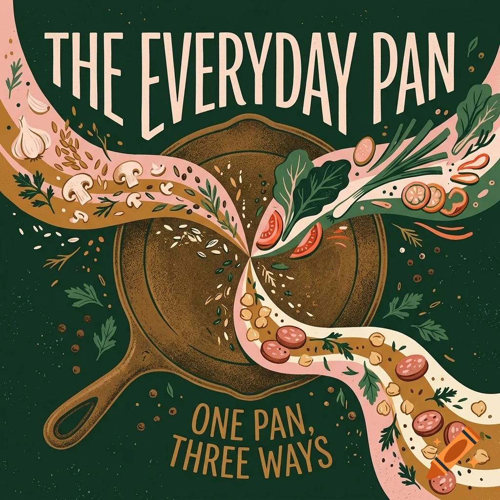 An illustrated poster titled The Everyday Pan featuring a cast-iron skillet surrounded by swirling streams of ingredients like garlic, mushrooms, tomatoes, and greens.