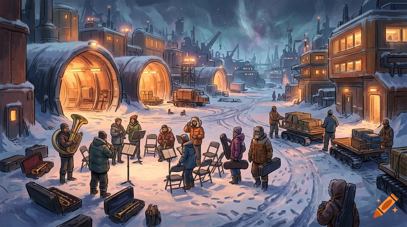 An outdoor winter scene depicting a musical band playing instruments in front of industrial tunnel buildings in a snowy landscape, with other workers handling cargo.