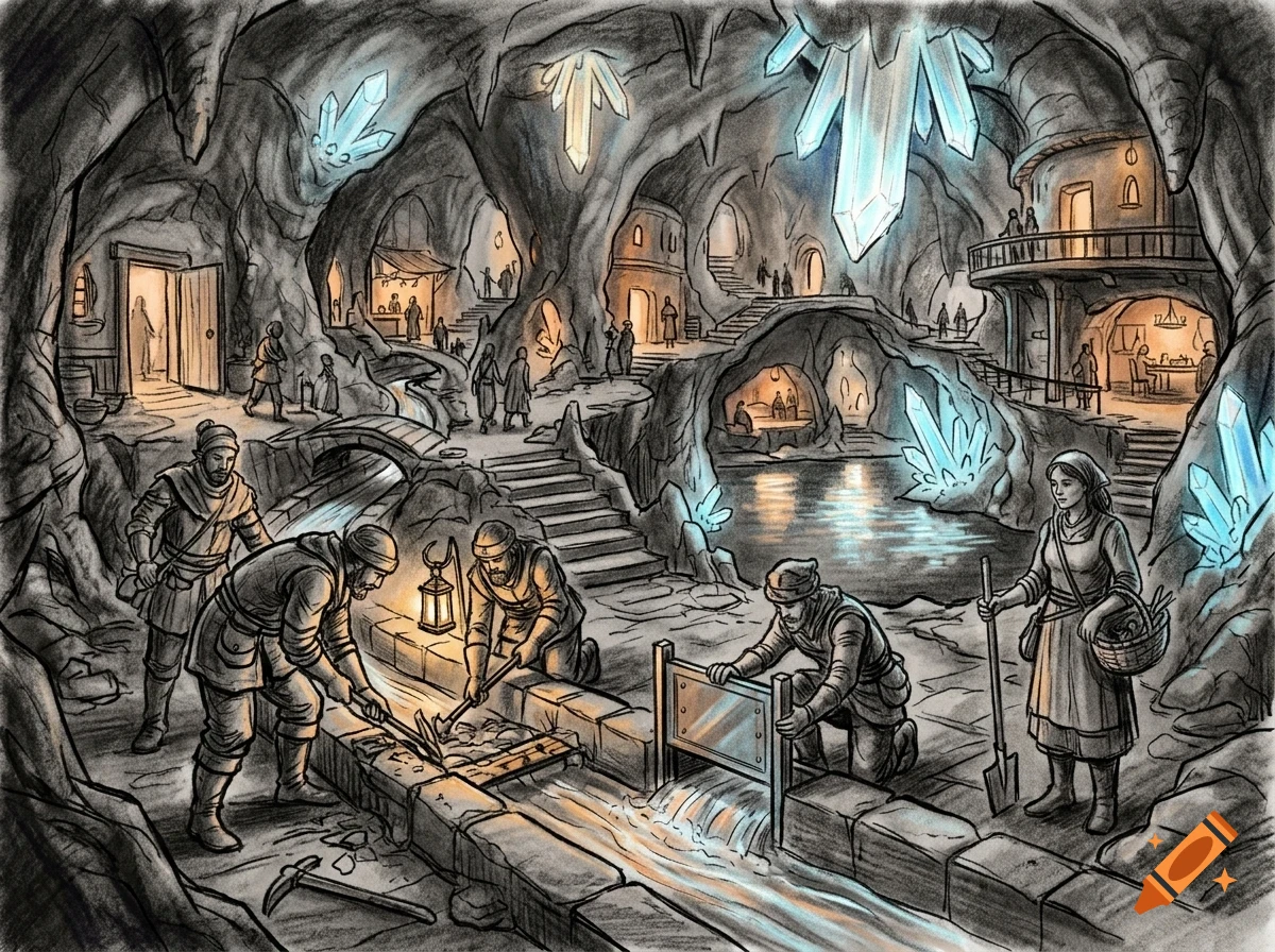 An illustrated subterranean city inside a large cave system with glowing crystals, inhabitants working, and flowing water channels.