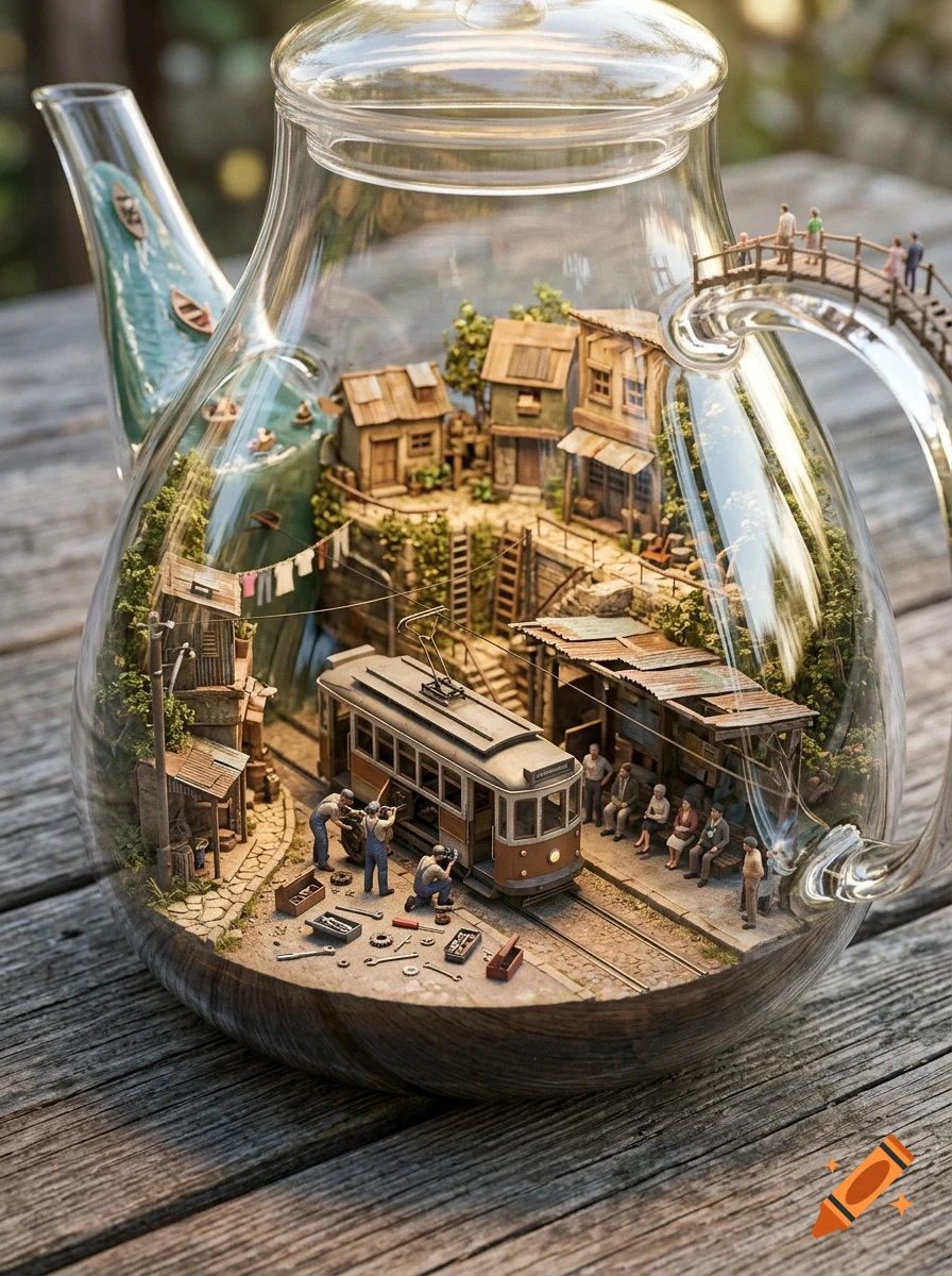 A detailed miniature village with a tram, houses, and tiny people built inside a transparent glass teapot.