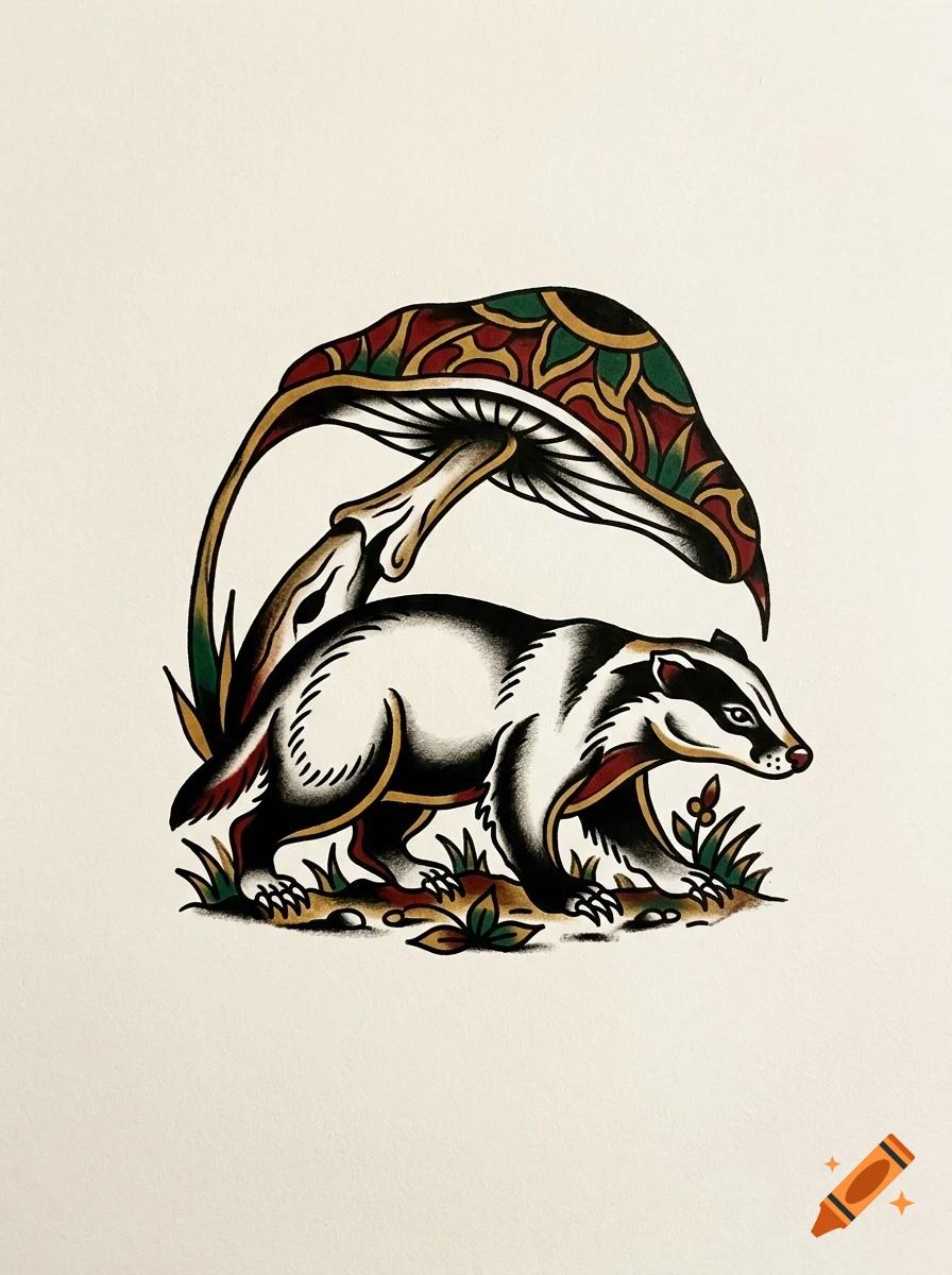 An illustrated traditional tattoo design featuring a badger walking beneath a large decorative mushroom.