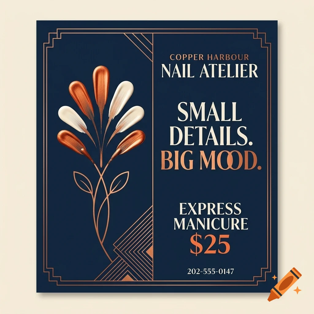 An advertisement for Copper Harbour Nail Atelier featuring abstract brush strokes in copper, bronze, and white on a dark blue background.