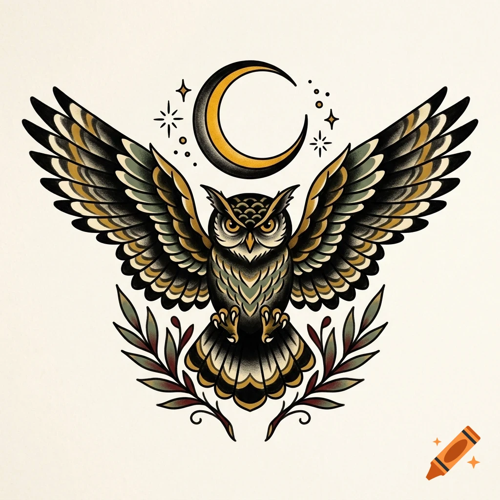 An illustrated tattoo-style design featuring an owl with outstretched wings, a crescent moon, stars, and leafy branches.