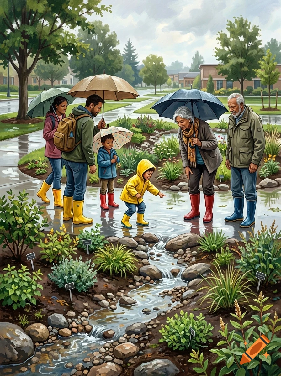 A multi-generational family wearing rain boots and holding umbrellas near a stream in a garden.