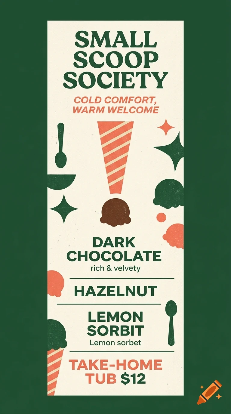 An ice cream shop poster with retro typography, green and pink accents, listing flavors like Dark Chocolate, Hazelnut, and Lemon Sorbet.