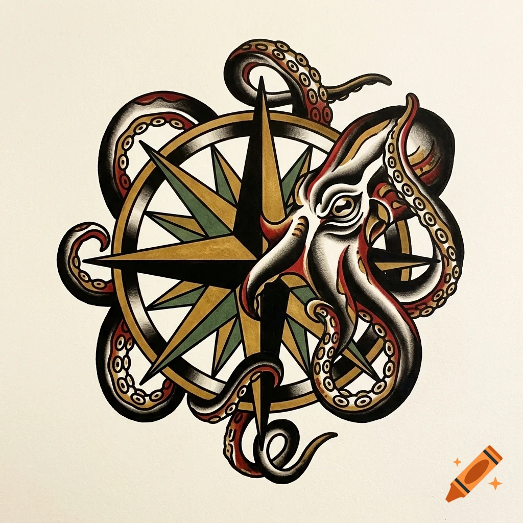 An illustrated design of an octopus wrapped around a vintage navigational compass.