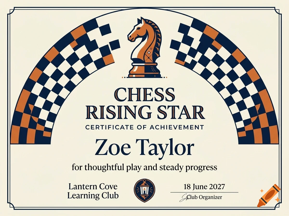 Certificate of achievement titled Chess Rising Star with a knight chess piece and checkered arches.